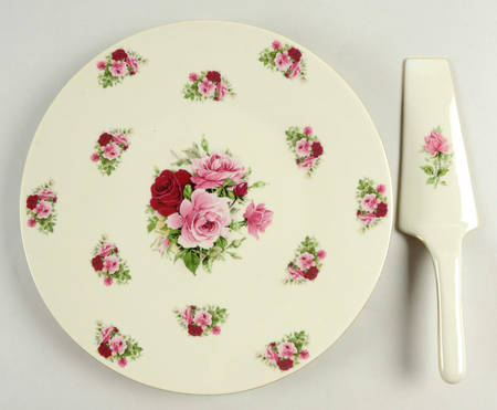 Victorian Rose Cake Plate & Solid Ceramic Server Set (No Box) by Baum Brothers