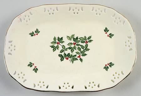 Holly (Gold Trim) 10" Pierced Oblong Tray