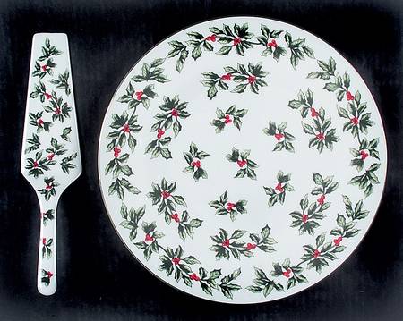 Holly (Gold Trim) Cake Plate & Server w/No Box
