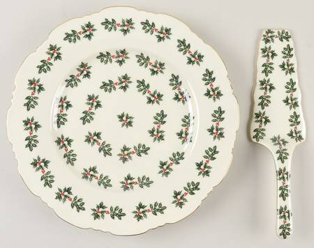 Holly (Gold Trim) Cake Plate & Server Set (Boxed)