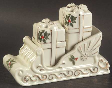 Holly (Gold Trim) Figural Salt and Pepper Tray Set