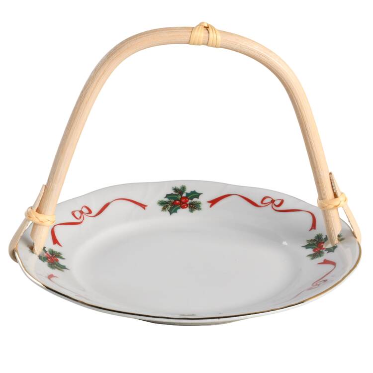Basket of Cheer (Scalloped, Swirl Embossed) 5 3/8"-5 5/8" Bamboo Handled Serving Plate  HC