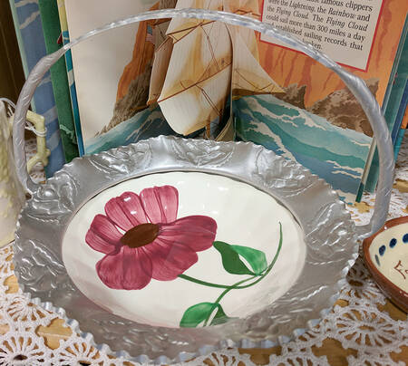 Red Flower Dinner Plate with Metal Handled Rim