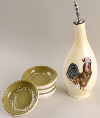 Rooster Strut Collection (Oil Set) Oil Drizzler and Stopper w/ 4 Dip Bowls