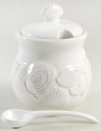 Seahorse and Seashell Menagerie White Sugar Bowl & Lid W/Spoon