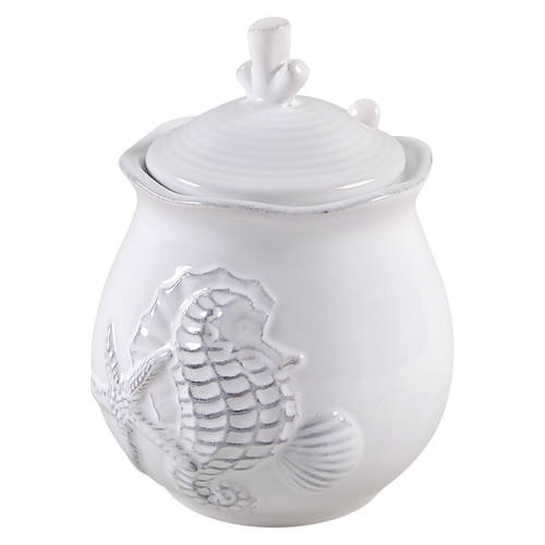 Seahorse and Seashell Menagerie White Sugar Bowl & Lid W/Spoon