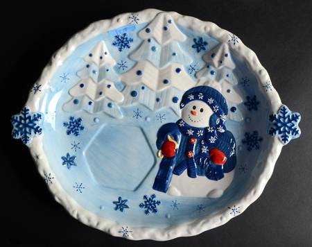 Blue Snowman Chip Bowl/Plate for Chip & Dip Set