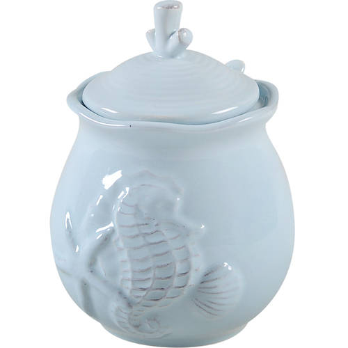 Seahorse and Seashell Menagerie Blue Sugar Bowl & Lid W/Spoon