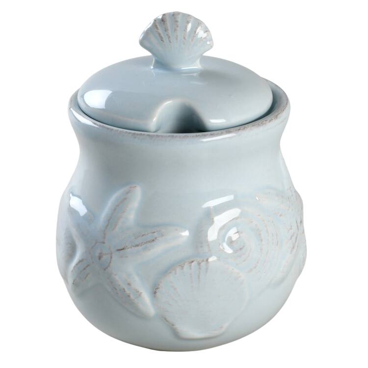 Seahorse and Seashell Menagerie Blue Sugar Bowl & Lid