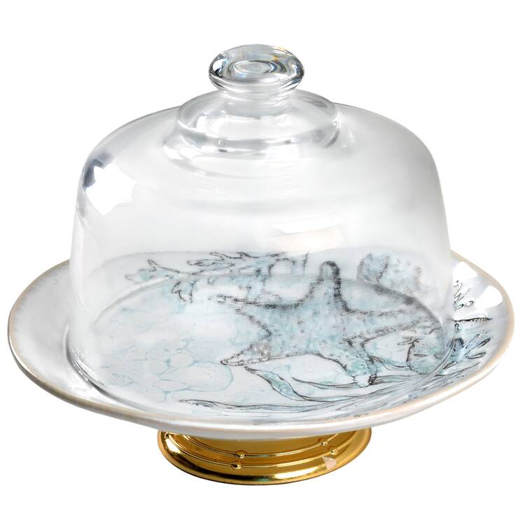 Sea Cove Island 6 1/2"-7 1/2" Footed Cheese Plate w/ Glass Dome HC