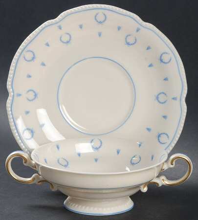 Blue Bow Footed Cream Soup Bowl & Saucer Set