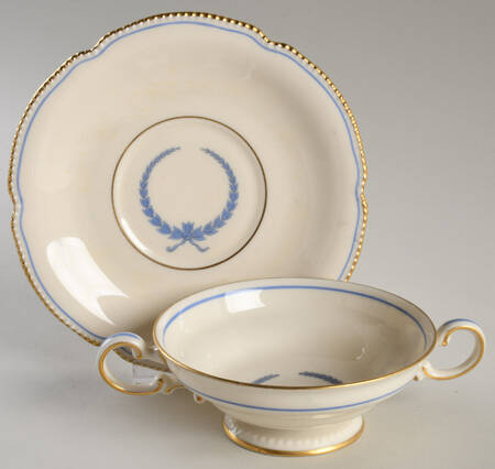 Empire (Blue Wreath, Gold Trim) Footed Cream Soup Bowl & Saucer Set