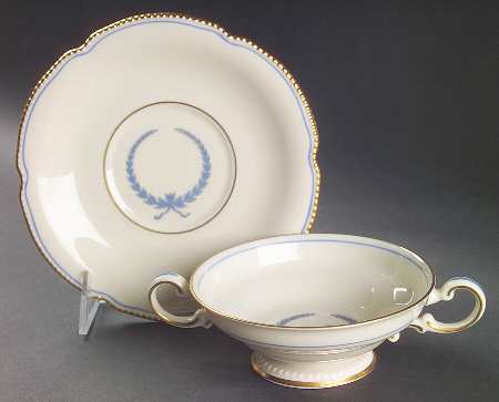 Empire (Blue Wreath, Gold Trim) Footed Cream Soup Bowl & Saucer Set