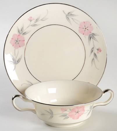 Priscilla (Platinum Trim) Flat Cream Soup Bowl & Saucer Set by Castleton (USA)
