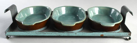 Country Fare (Ribbed Back, Unglazed Ring) 3-Part Relish with Metal Tray
