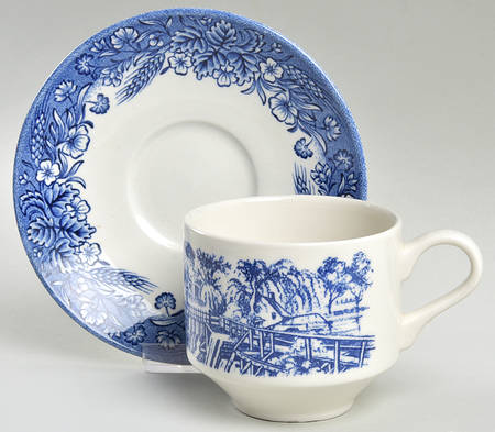 Currier & Ives Blue Flat Cup & Saucer Set
