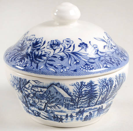 Currier & Ives Blue Sugar Bowl & Lid