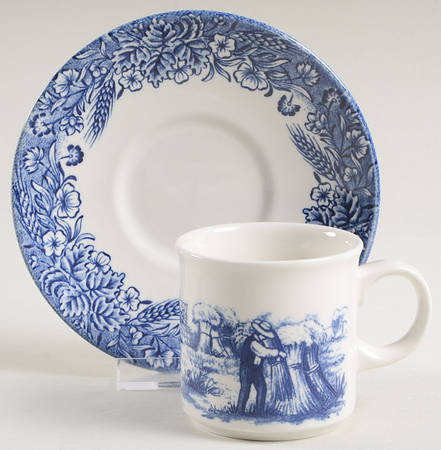 Currier & Ives Blue Flat Demitasse Cup & Saucer Set