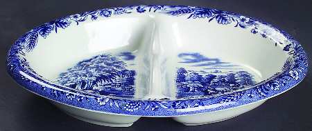 Currier & Ives Blue 10" Oval Divided Vegetable Bowl