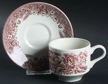 Currier and Ives Brown Flat Cup & Saucer Set