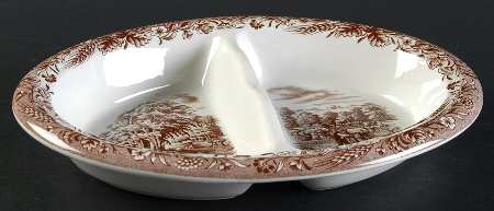 Currier and Ives Brown 10" Oval Divided Vegetable Bowl