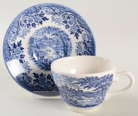English Scene Blue Flat Cup & Saucer Set