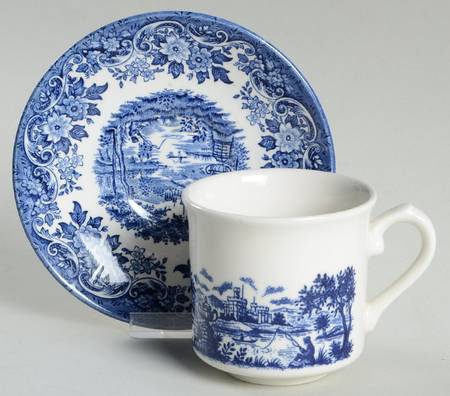 English Scene Blue Flat Cup & Saucer Set