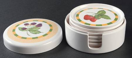Somerset Plastic Motif Coaster - Set of 6 & Holder w/Lid