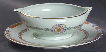 Houqua (Celadon Background) Gravy Boat with Attached Underplate