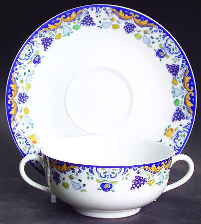 Vendanges (Blue Trim) Flat Cream Soup Bowl & Saucer Set
