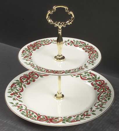 Ribbon Holly 2 Tiered Serving Tray (Dinner & Salad Plate)