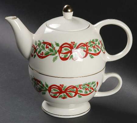 Ribbon Holly Individual Teapot & Lid with Cup