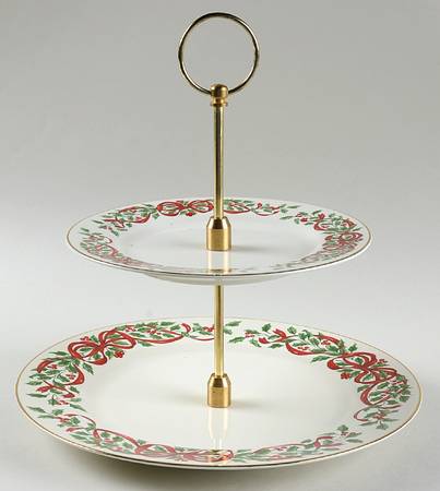 Ribbon Holly 2 Tiered Serving Tray (Dinner & Salad Plate)