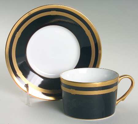 Gaudron Onyx (Gold Trim) Flat Cup & Saucer Set by Christian Dior