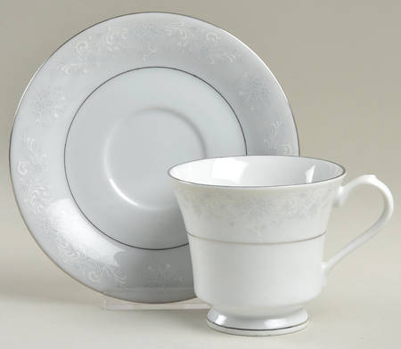 Annie (White & Gray Desgn) Footed Cup & Saucer Set