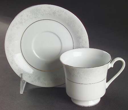 Annie (White & Gray Desgn) Footed Cup & Saucer Set