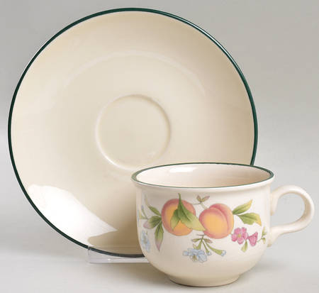 Peaches & Cream (Green Trim) Flat Cup & Saucer Set