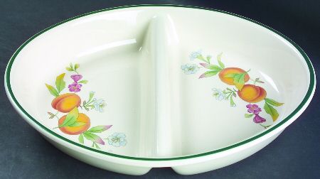 Peaches & Cream (Green Trim) 11" Oval Divided Vegetable Bowl