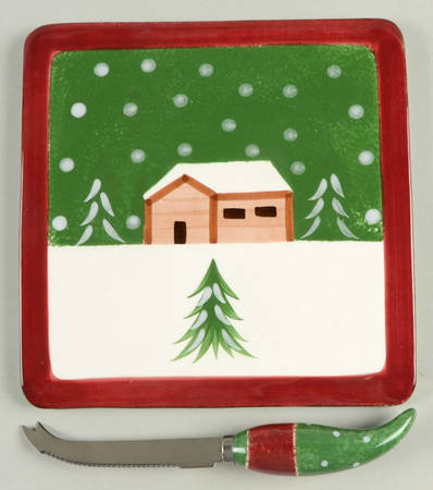 Log Cabin Christmas 2 Piece Cheese Dish and Knife Set