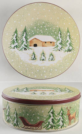 Log Cabin Christmas Round Storage Tin with Lid Large