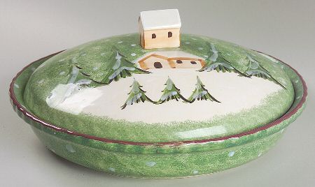 Log Cabin Christmas Pie Plate Safe with Ceramic Lid