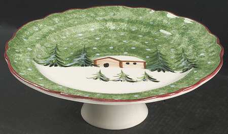 Log Cabin Christmas 13" Diameter Pedestal Cake Stand