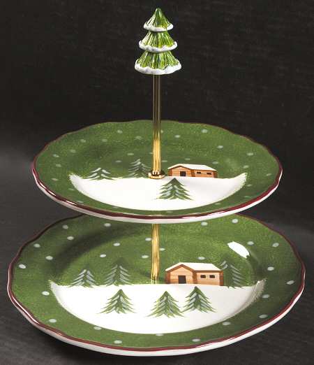 Log Cabin Christmas 2 Tiered Serving Tray (Dinner & Salad Plate)