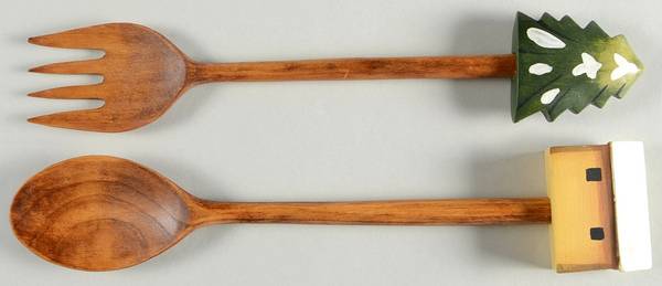 Log Cabin Christmas Wood Solid 2-Piece Salad Set