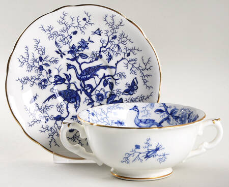 Cairo Blue On White (Not Raised, Gold) Footed Cream Soup Bowl & Saucer Set
