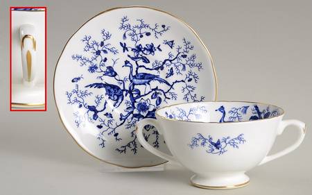 Cairo Blue On White (Not Raised, Gold) Footed Cream Soup Bowl & Saucer Set