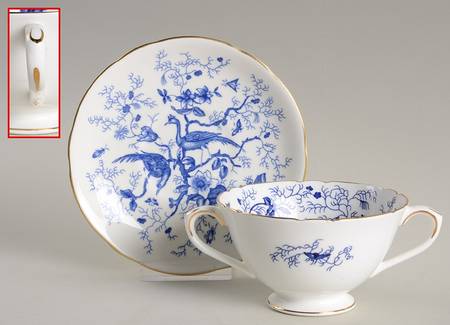Cairo Blue On White (Not Raised, Gold) Footed Cream Soup Bowl & Saucer Set