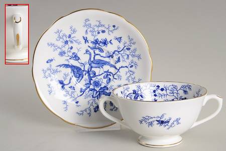 Cairo Blue On White (Not Raised, Gold) Footed Cream Soup Bowl & Saucer Set