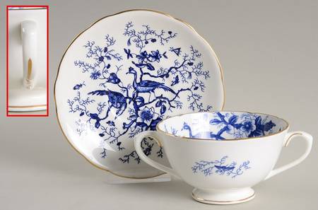 Cairo Blue On White (Not Raised, Gold) Footed Cream Soup Bowl & Saucer Set