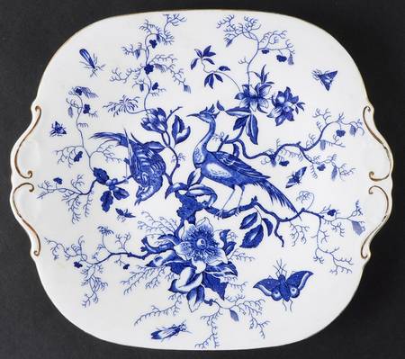 Cairo Blue On White (Not Raised, Gold) Square Handled Cake Plate